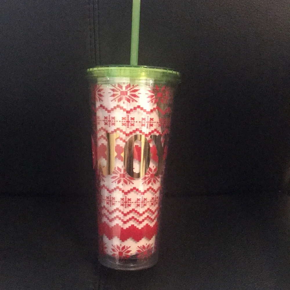 Double Wall Insulated Tumbler “JOY” with green top/straw, red knit patten